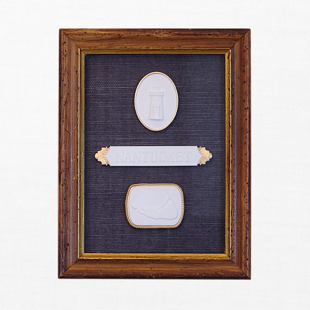 Brant Point - Nantucket Quarter Board - Nantucket Map - Vintage Walnut Frame - Navy Wallpaper