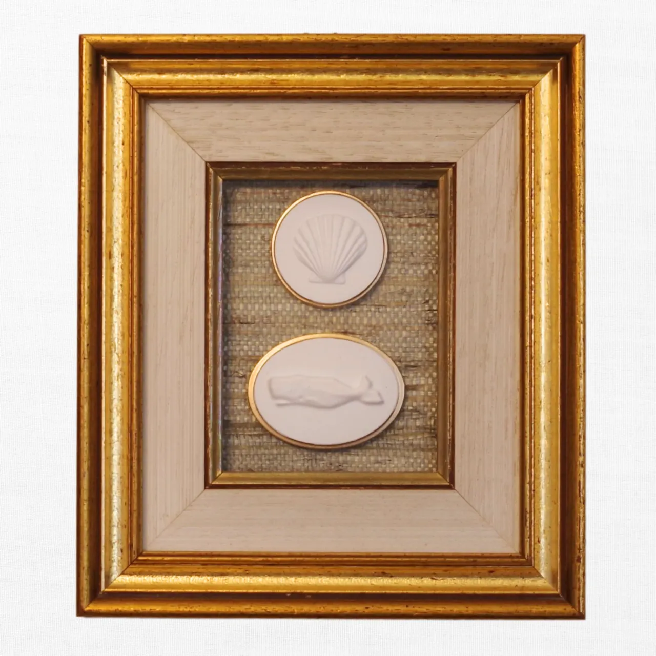 Scallop - Whale - Vintage Gold Frame - Straw Wallpaper