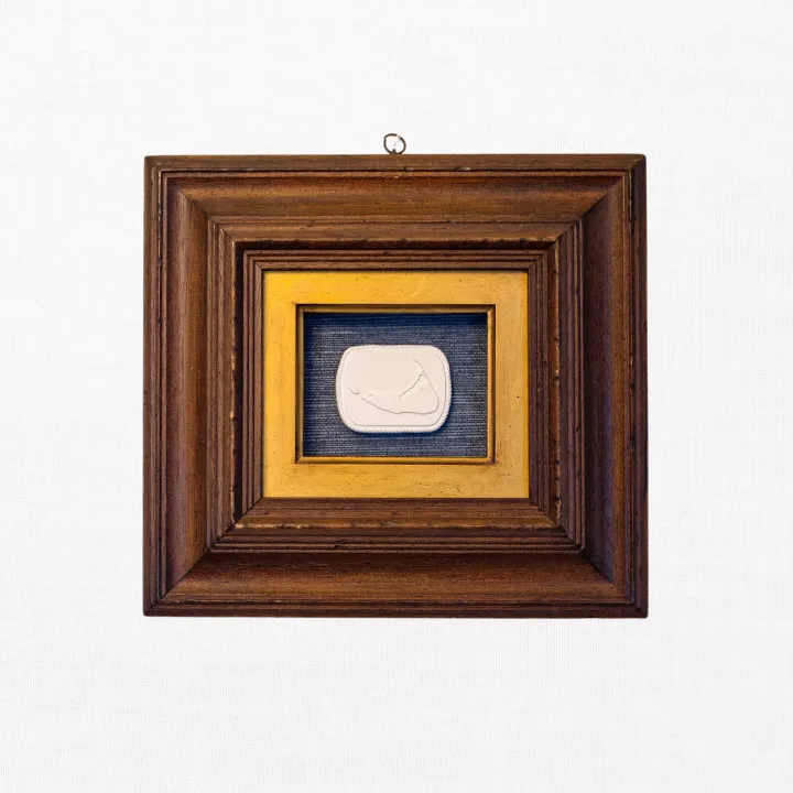Nantucket Intaglio on Indigo Linen in Walnut Shadow Frame