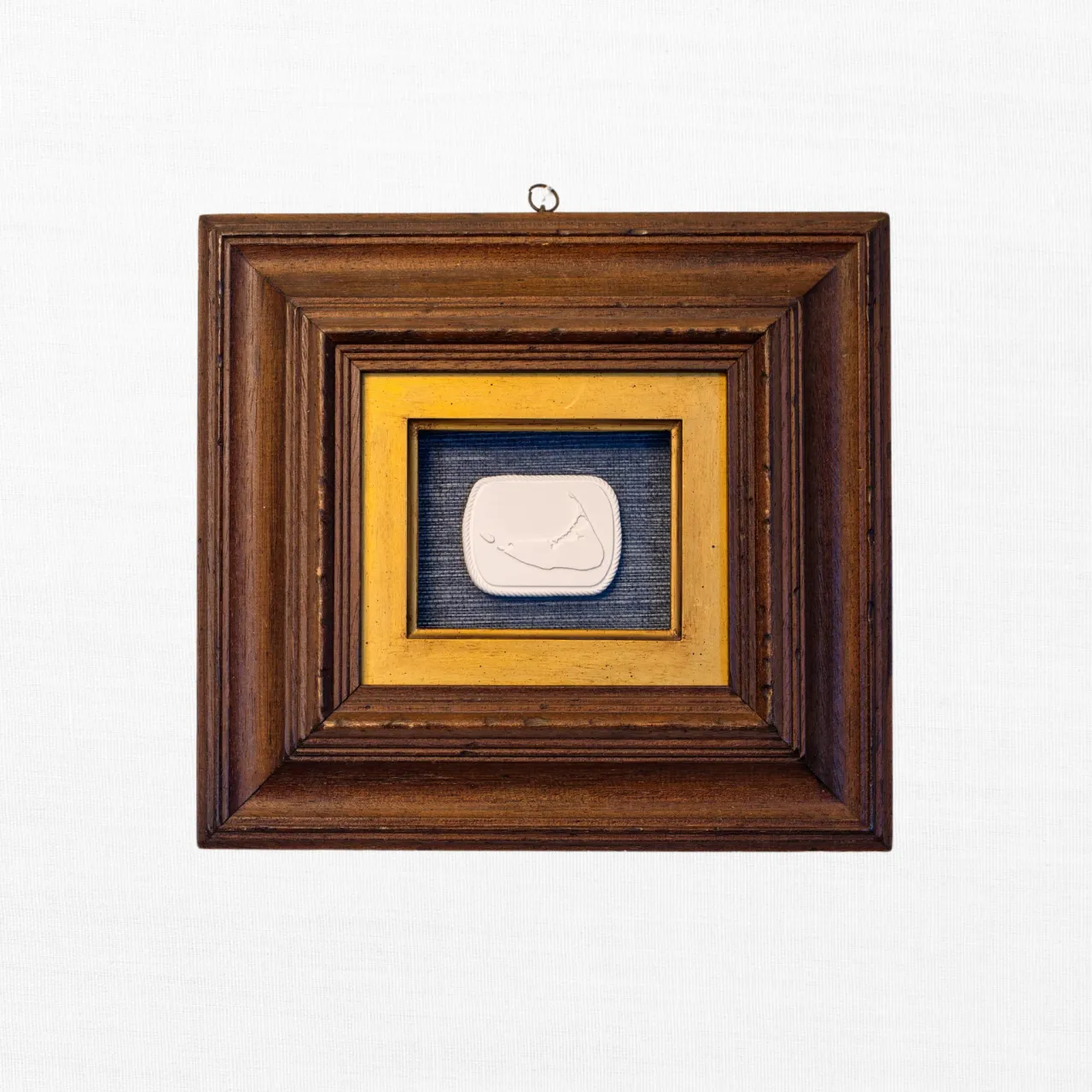 Nantucket Intaglio on Indigo Linen in Walnut Shadow Frame