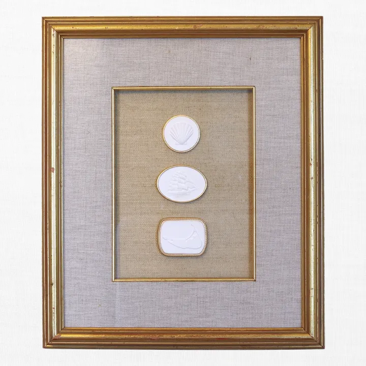 Scallop - Tall Ship - Nantucket Map - Vintage Gold Frame - Beige Linen & Wallpaper