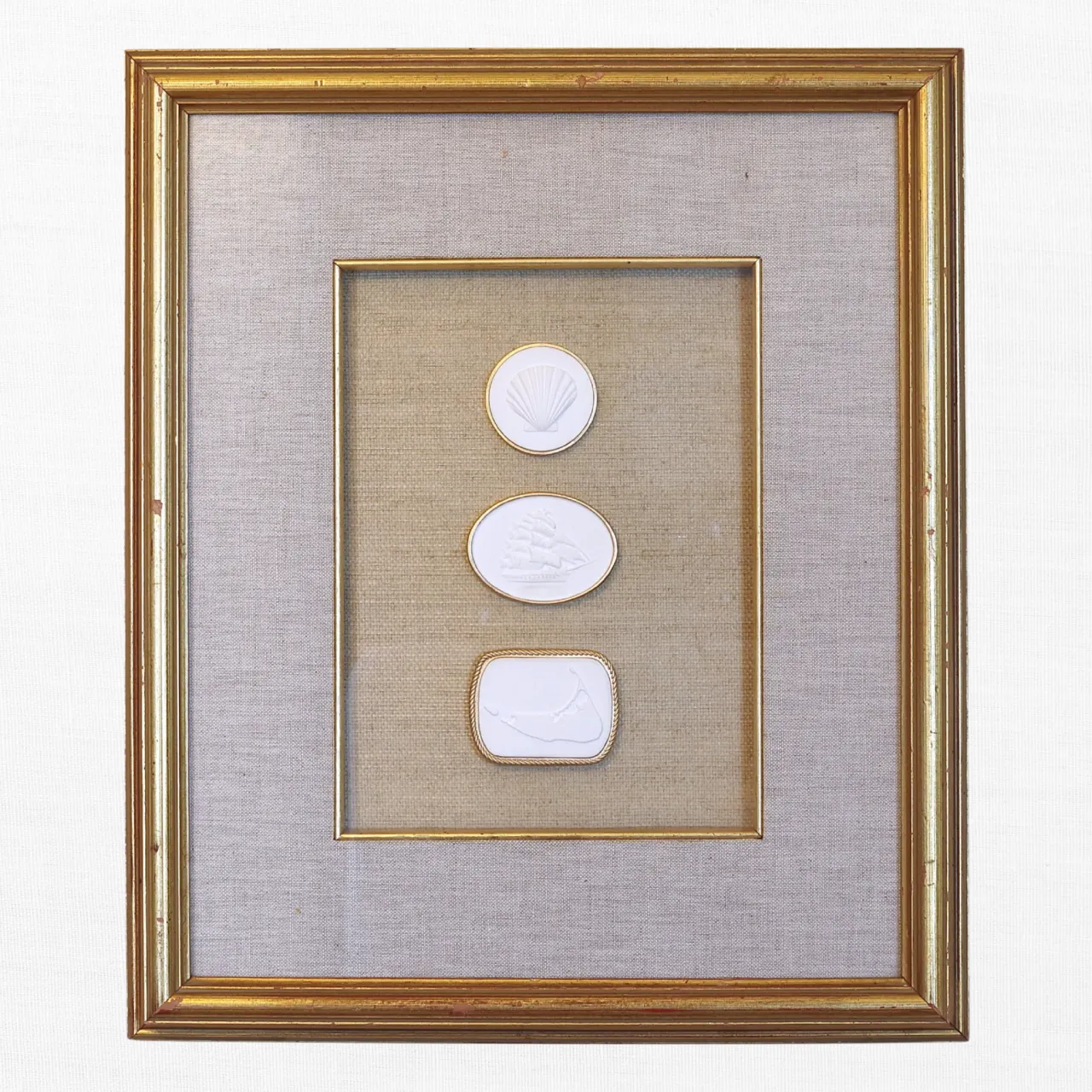 Scallop - Tall Ship - Nantucket Map - Vintage Gold Frame - Beige Linen & Wallpaper
