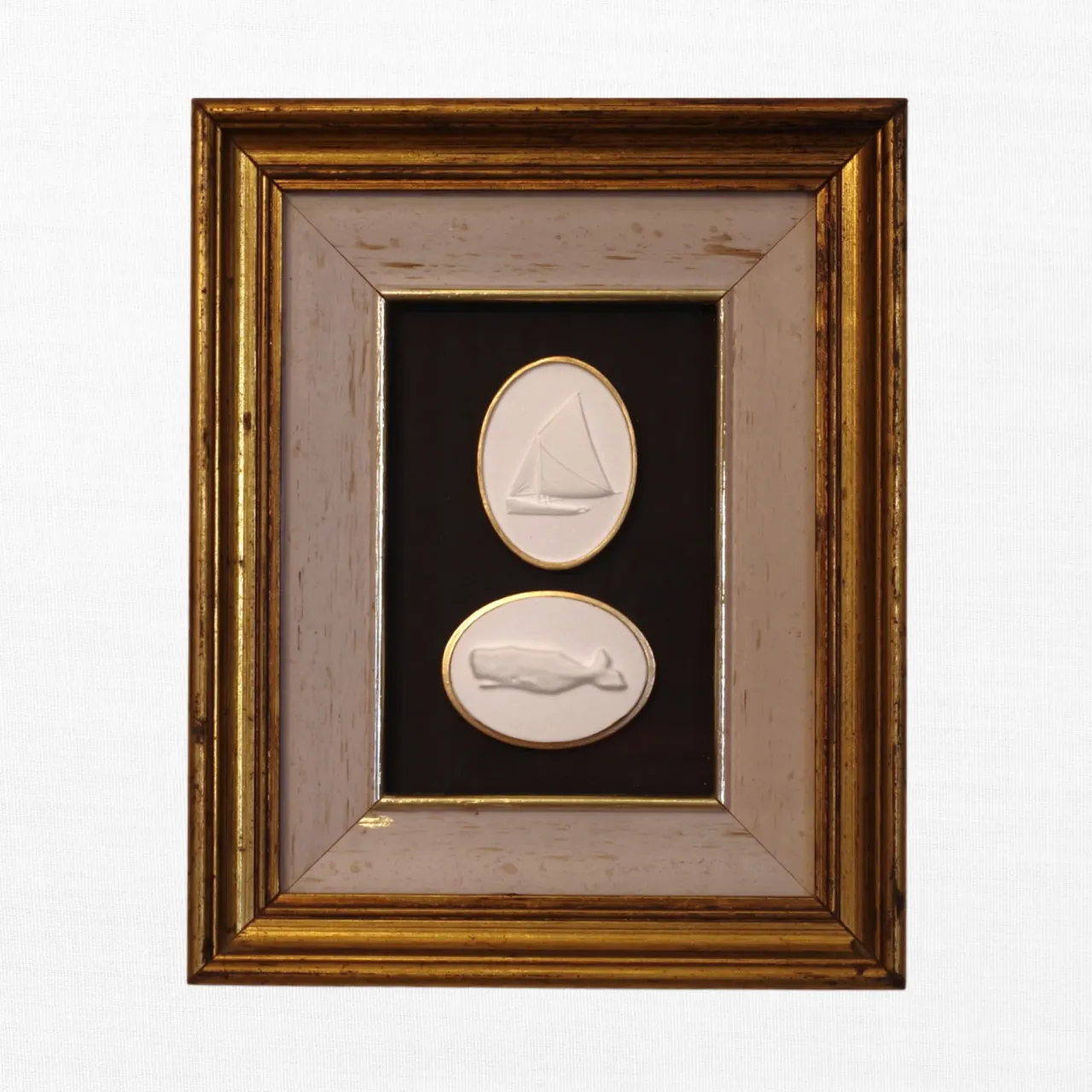 Sailboat - Whale - Vintage Gold Frame - Black Matboard