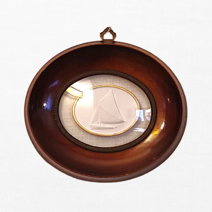 Sailboat - Vintage Red Oval Frame - Curved Glass - Linen