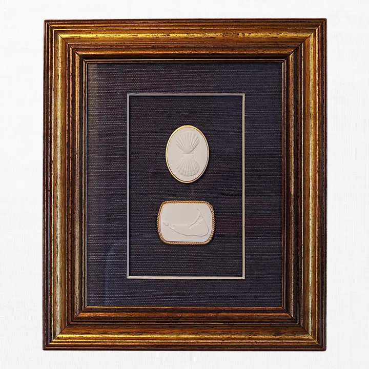 Double Scallop - Nantucket Map - Vintage Gold Frame - Navy Wallpaper
