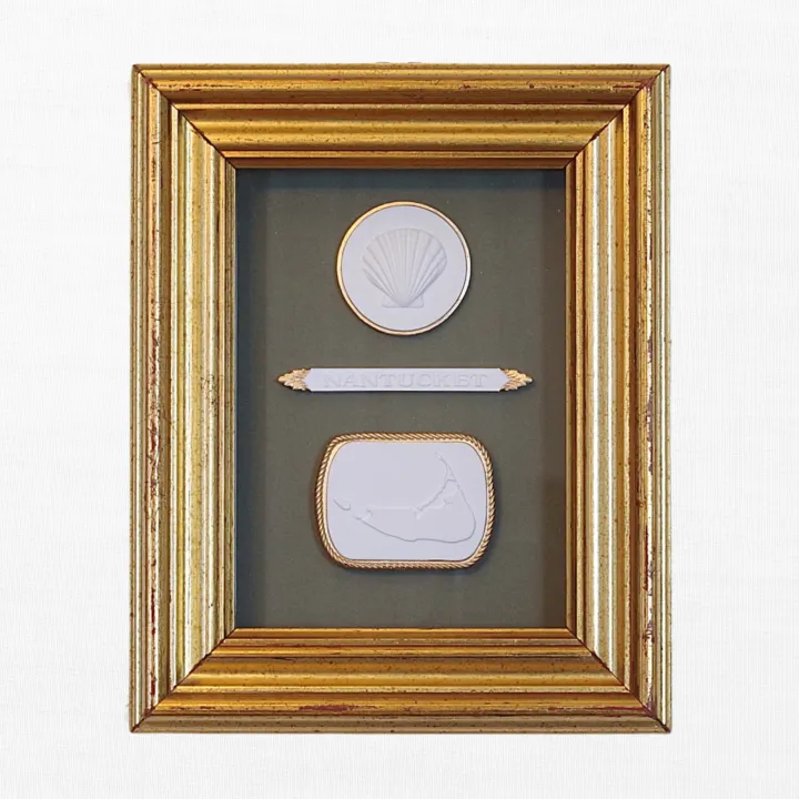 Scallop - Nantucket Quarter Board - Nantucket Map - Vintage Gold Frame - Green Matboard