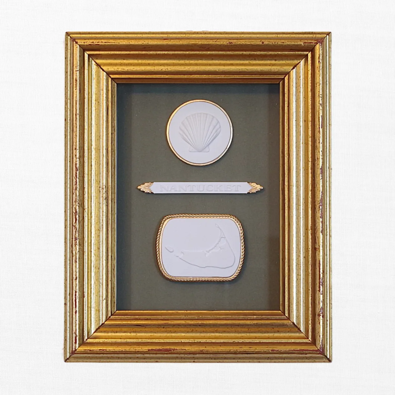 Scallop - Nantucket Quarter Board - Nantucket Map - Vintage Gold Frame - Green Matboard