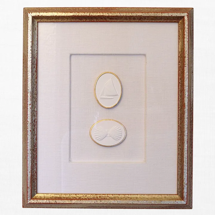 Sailboat - Twin Scallops - Vintage Wood Frame - Linen