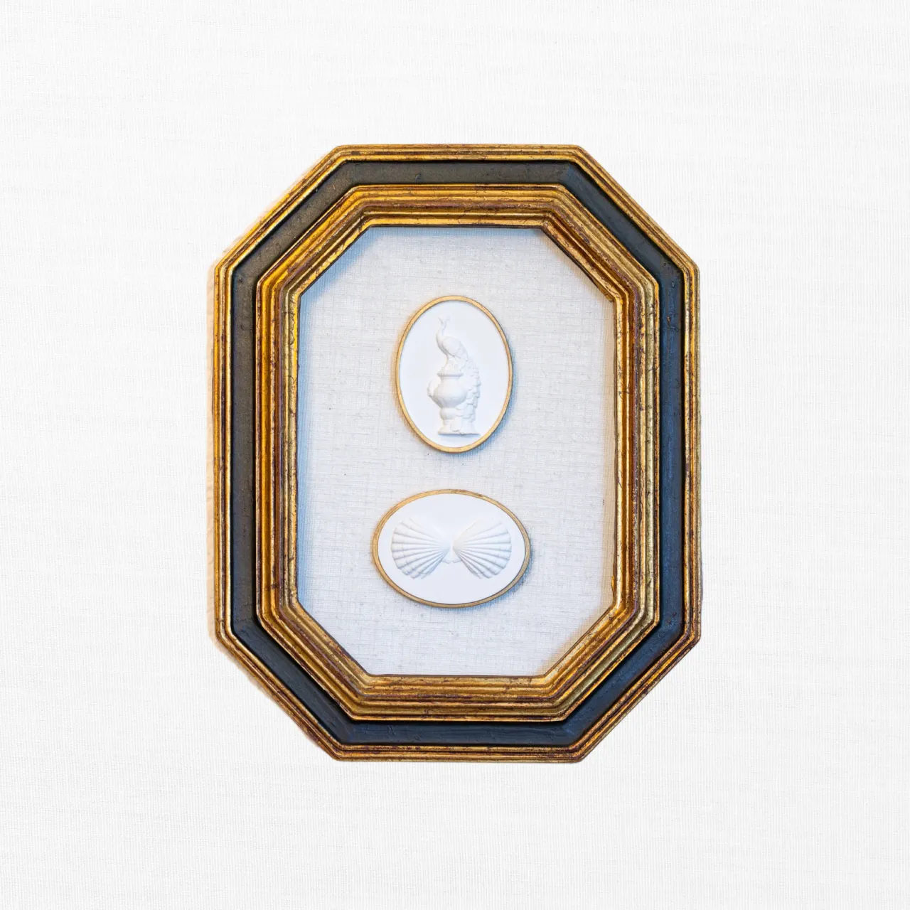 Peacock & Twin-Scallop Intaglio Duo in Octagonal Gilt Frame