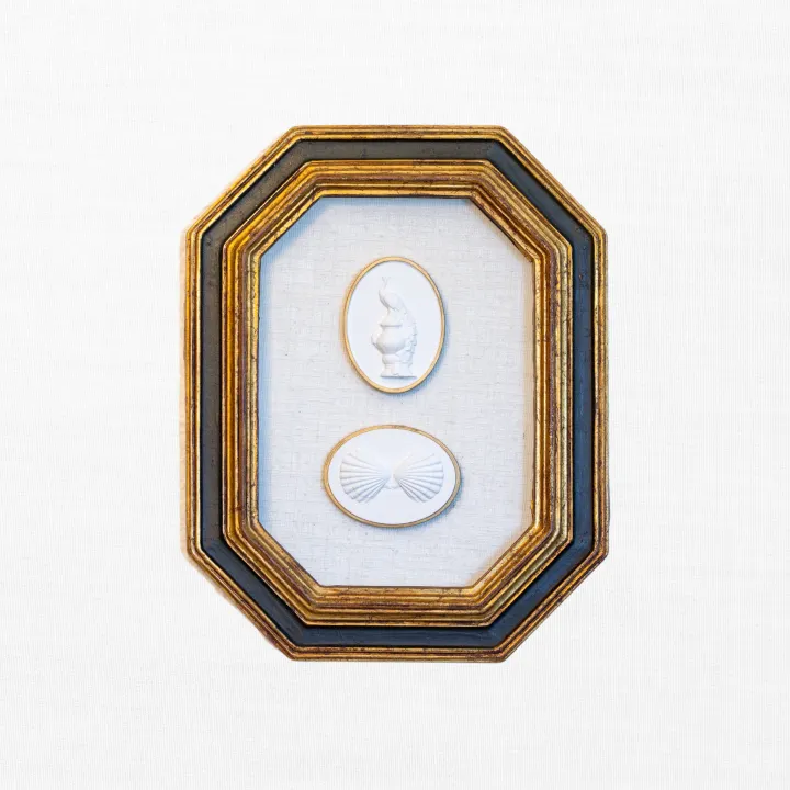 Peacock & Twin-Scallop Intaglio Duo in Octagonal Gilt Frame