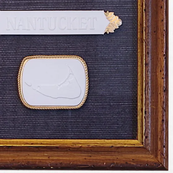 Brant Point - Nantucket Quarter Board - Nantucket Map - Vintage Walnut Frame - Navy Wallpaper, view 2