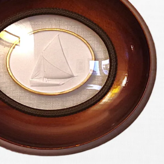 Sailboat - Vintage Red Oval Frame - Curved Glass - Linen, view 2