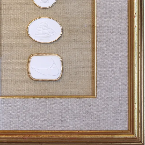Scallop - Tall Ship - Nantucket Map - Vintage Gold Frame - Beige Linen & Wallpaper, view 2