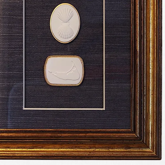 Double Scallop - Nantucket Map - Vintage Gold Frame - Navy Wallpaper, view 2
