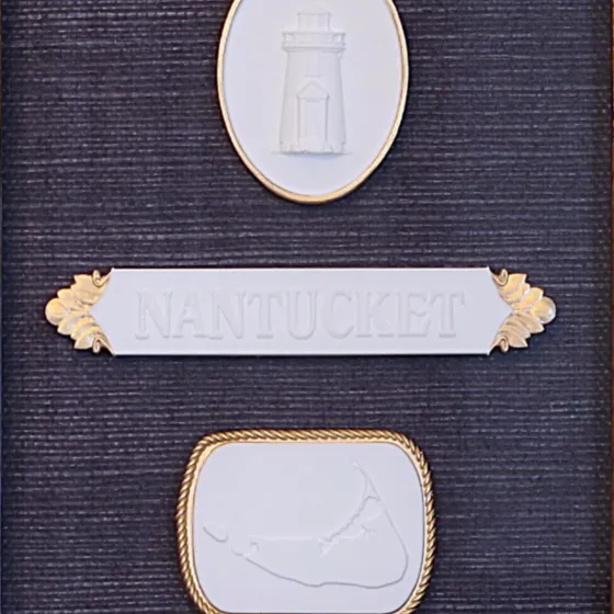 Brant Point - Nantucket Quarter Board - Nantucket Map - Vintage Walnut Frame - Navy Wallpaper, view 3