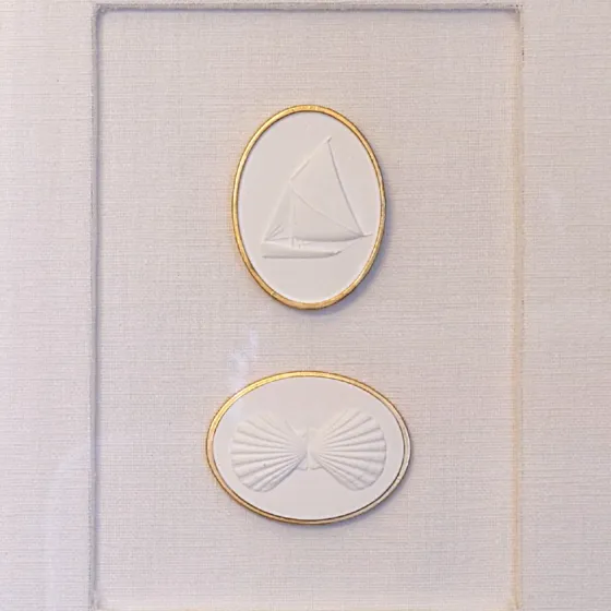 Sailboat - Twin Scallops - Vintage Wood Frame - Linen, view 3