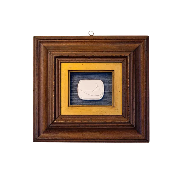 Nantucket Intaglio on Indigo Linen in Walnut Shadow Frame