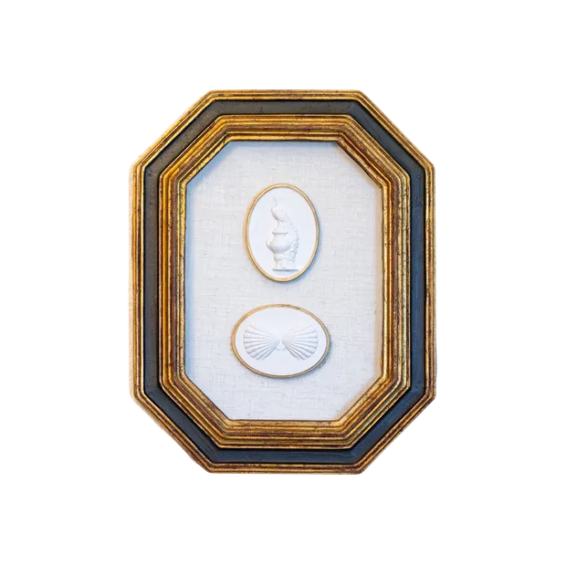 Peacock & Twin-Scallop Intaglio Duo in Octagonal Gilt Frame