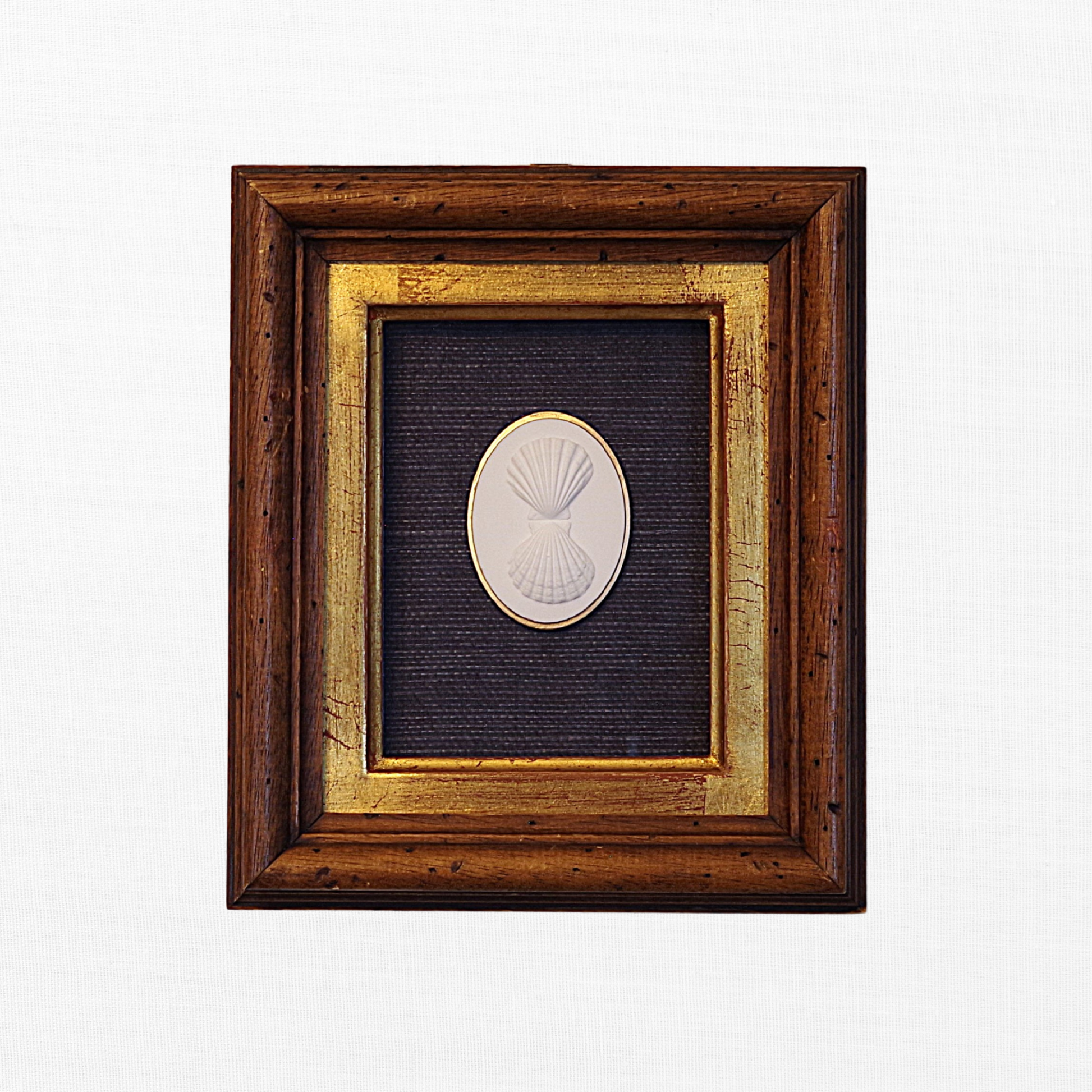 Double Scallop · Vintage Walnut Frame · Navy Wallpaper