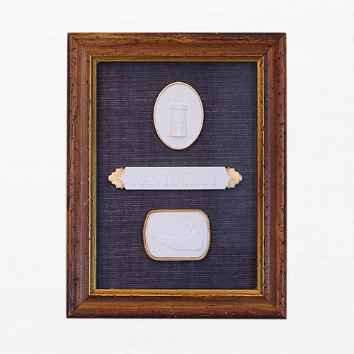Brant Point · Nantucket Quarter Board · Nantucket Map · Vintage Walnut Frame · Navy Wallpaper