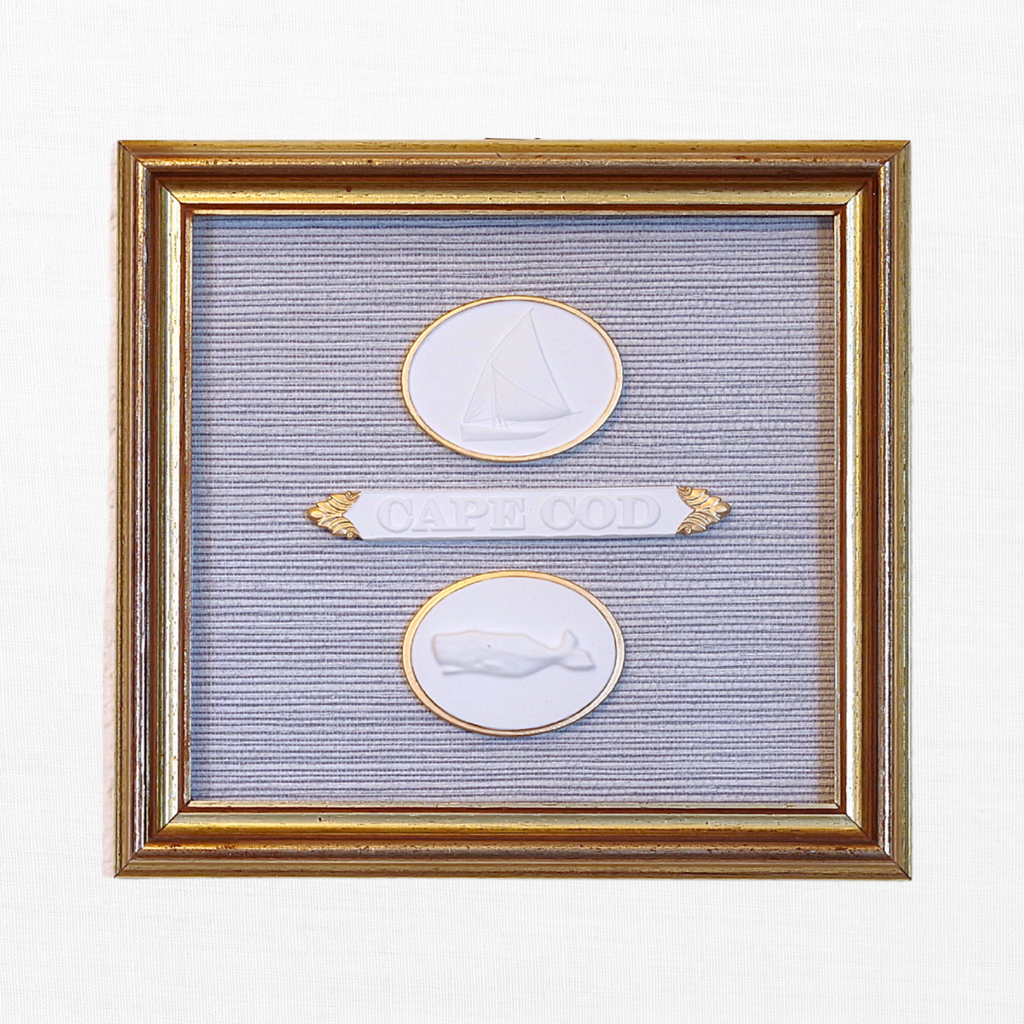Sailboat · Cape Cod Quarter Board · Whale · Vintage Gold Frame · Blue Wallpaper