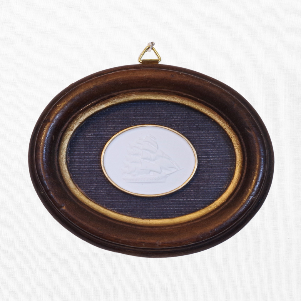 Tall Ship · Vintage Oval Walnut Frame · Navy Wallpaper