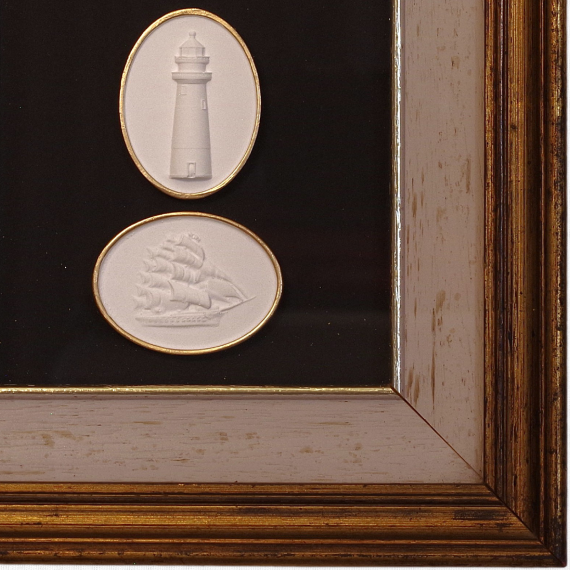 Whale Tail · Sankaty Lighthouse · Tall Ship · Vintage Gold Frame · Black Matboard