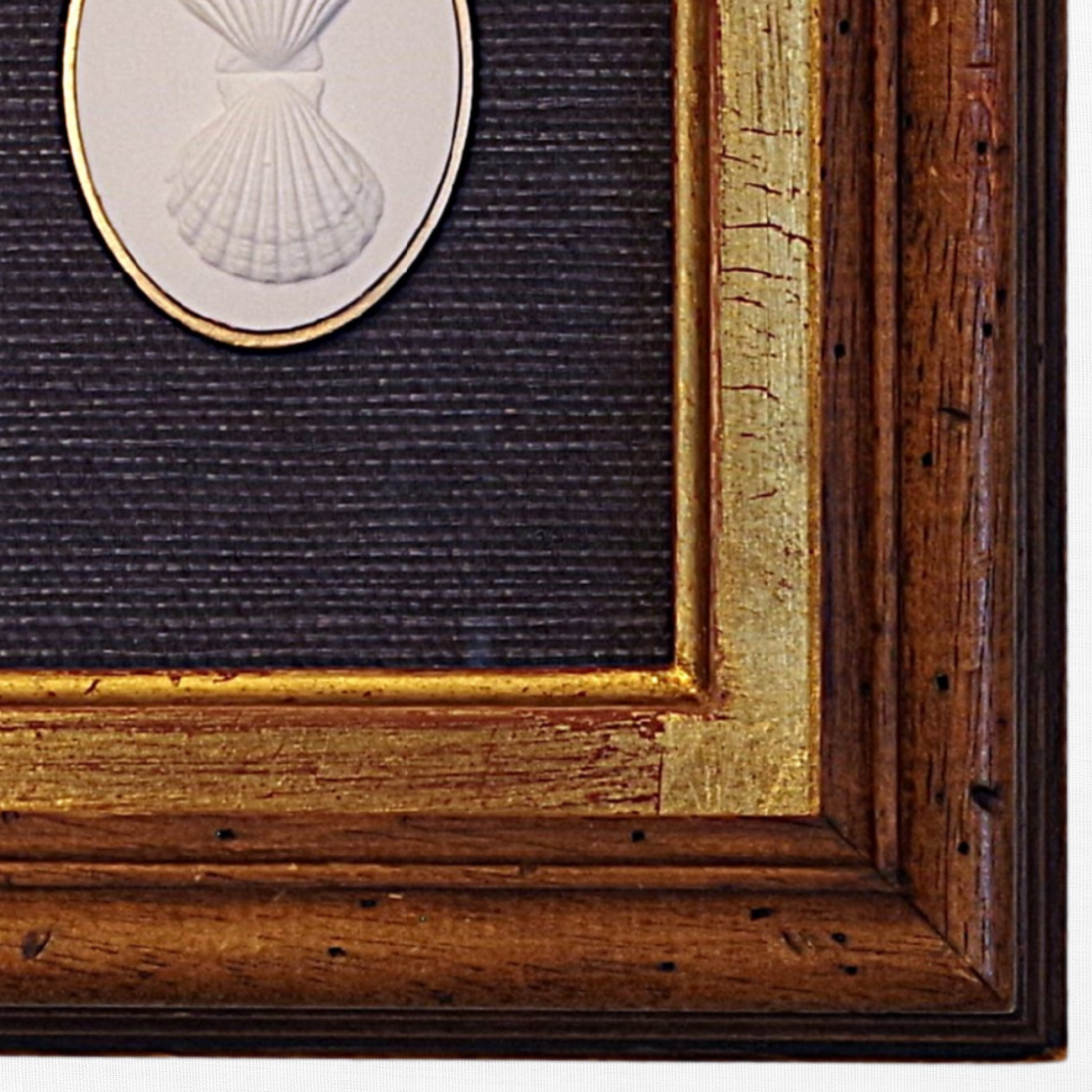 Double Scallop · Vintage Walnut Frame · Navy Wallpaper