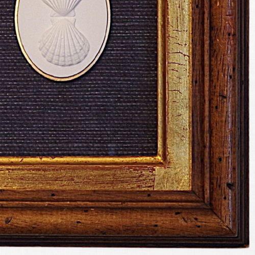 1 · Double Scallop · Vintage Walnut Frame · Navy Wallpaper