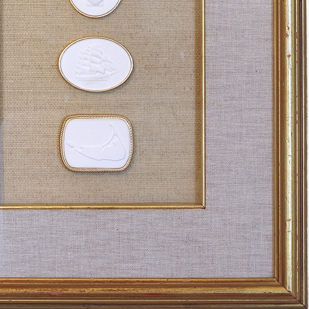 Scallop · Tall Ship · Nantucket Map · Vintage Gold Frame · Beige Linen & Wallpaper