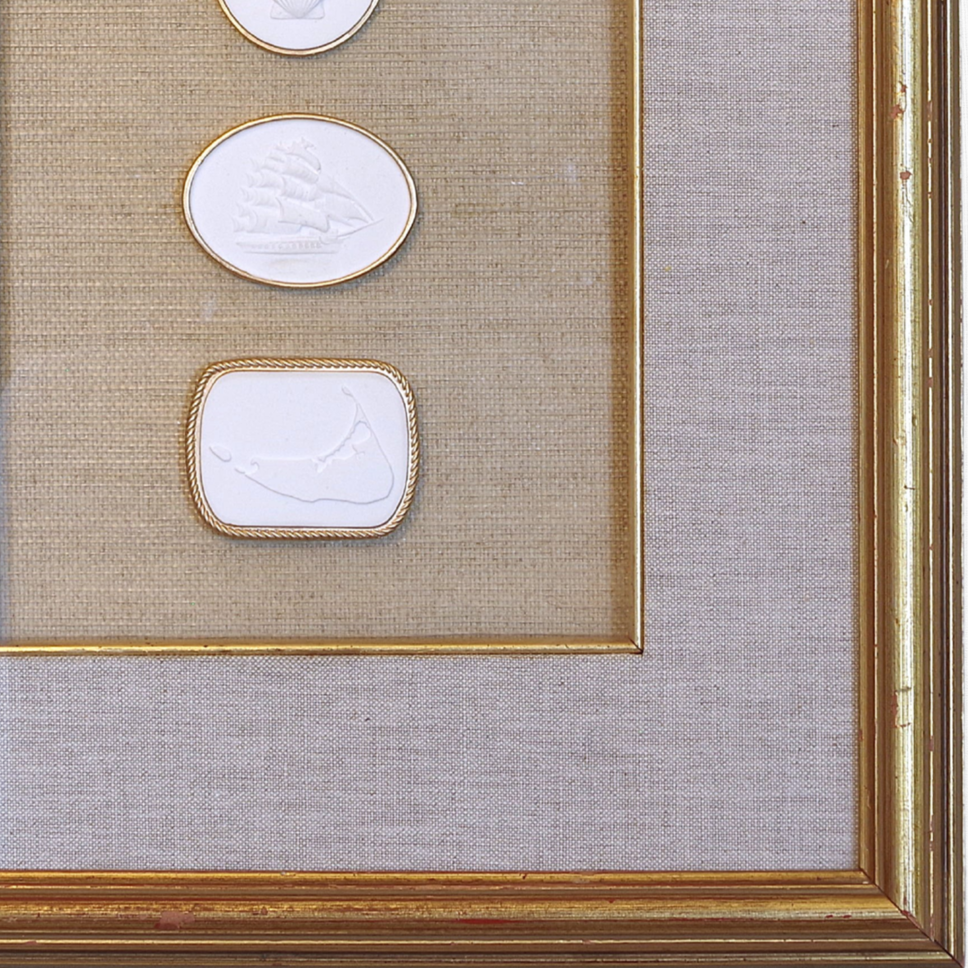 Scallop · Tall Ship · Nantucket Map · Vintage Gold Frame · Beige Linen & Wallpaper