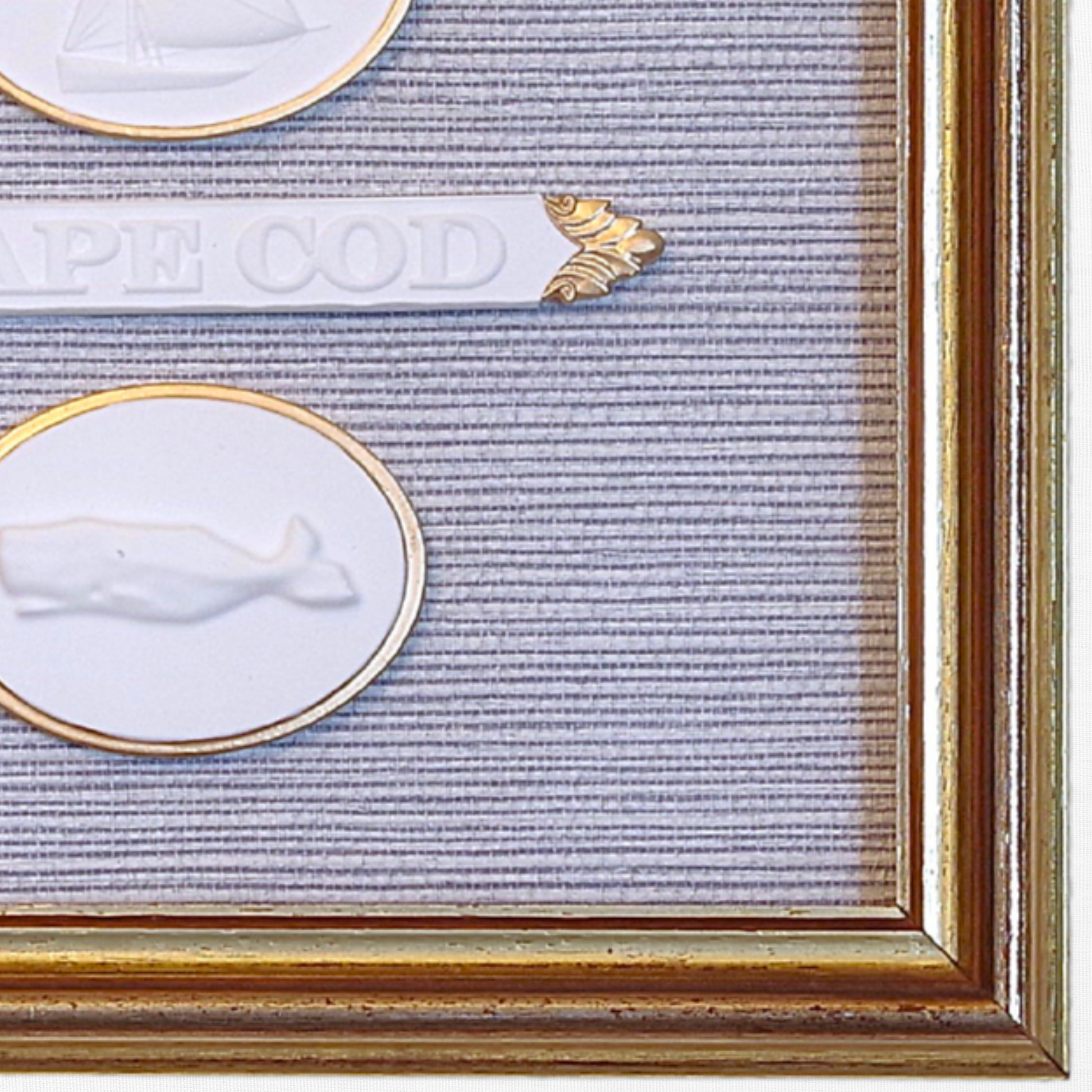 Sailboat · Cape Cod Quarter Board · Whale · Vintage Gold Frame · Blue Wallpaper