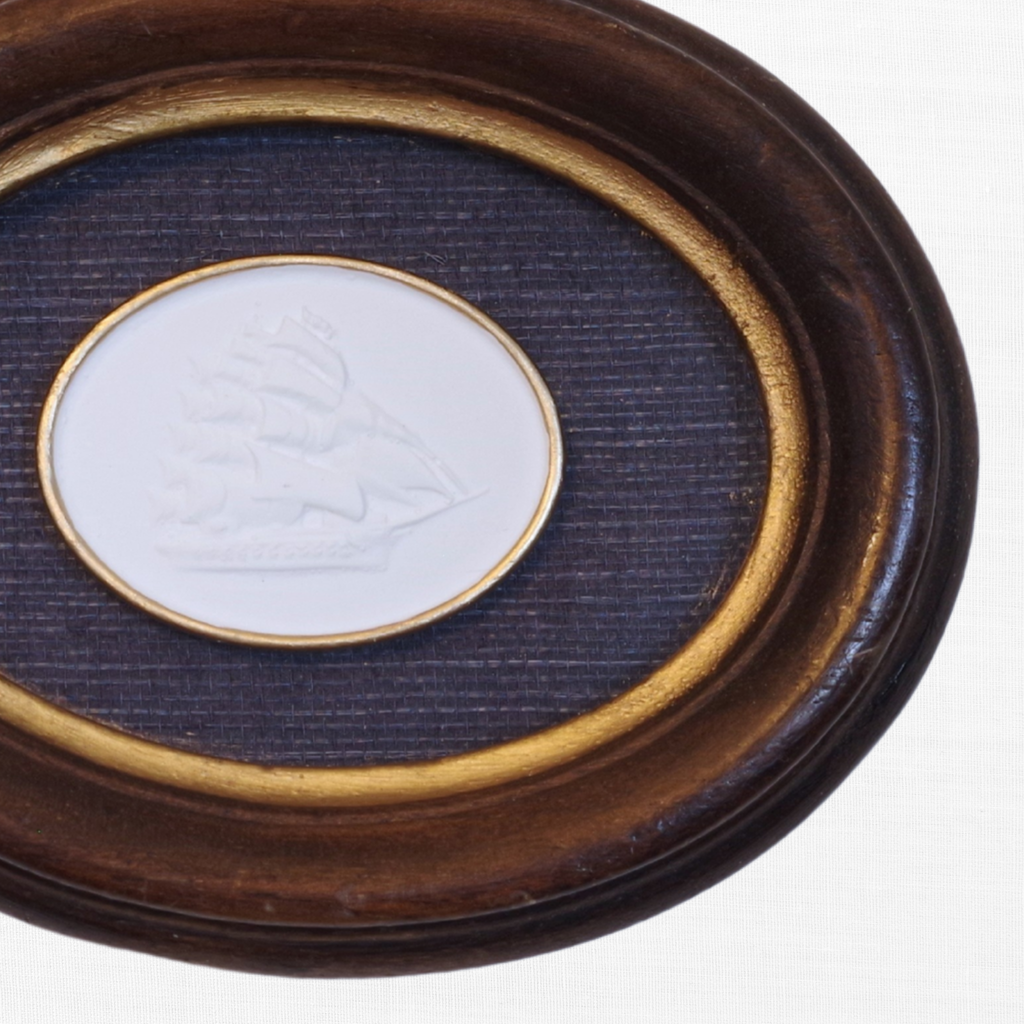 Tall Ship · Vintage Oval Walnut Frame · Navy Wallpaper