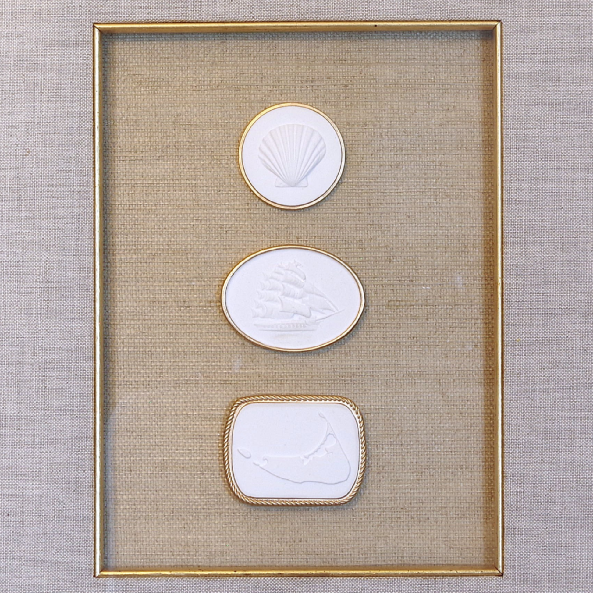 Scallop · Tall Ship · Nantucket Map · Vintage Gold Frame · Beige Linen & Wallpaper