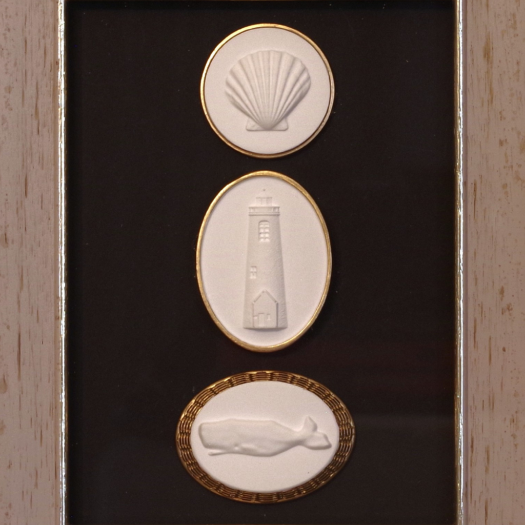 Scallop · Great Point Lighthouse · Whale · Vintage Gold Frame · Black Matboard