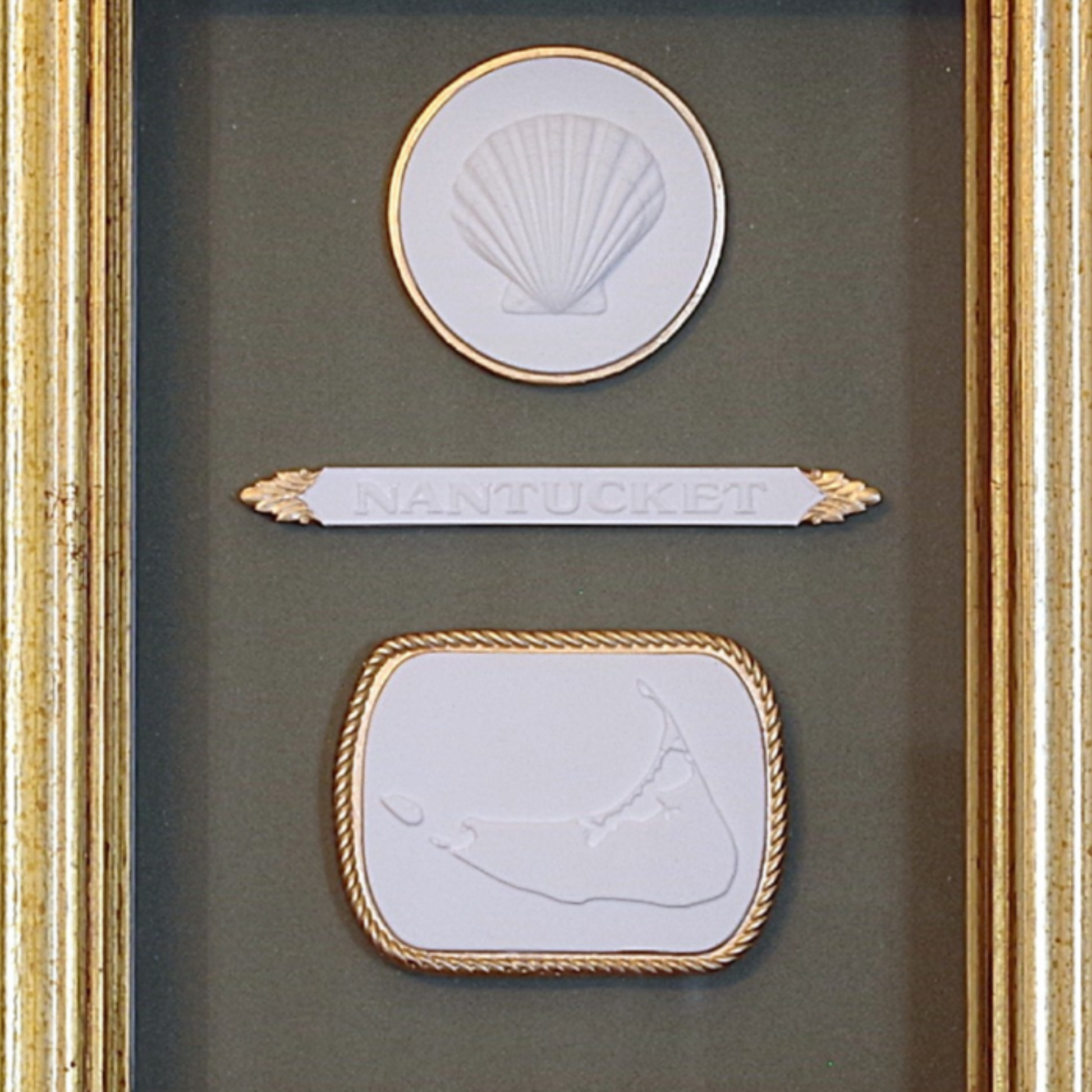 Scallop · Nantucket Quarter Board · Nantucket Map · Vintage Gold Frame · Green Matboard
