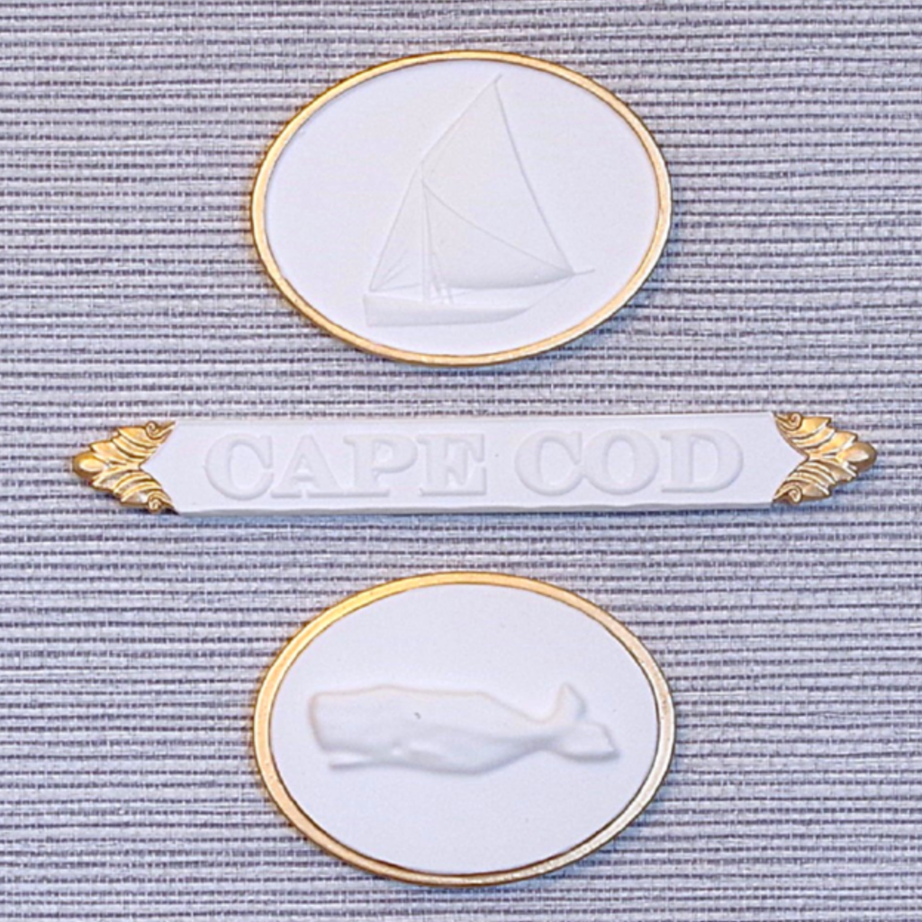 Sailboat · Cape Cod Quarter Board · Whale · Vintage Gold Frame · Blue Wallpaper