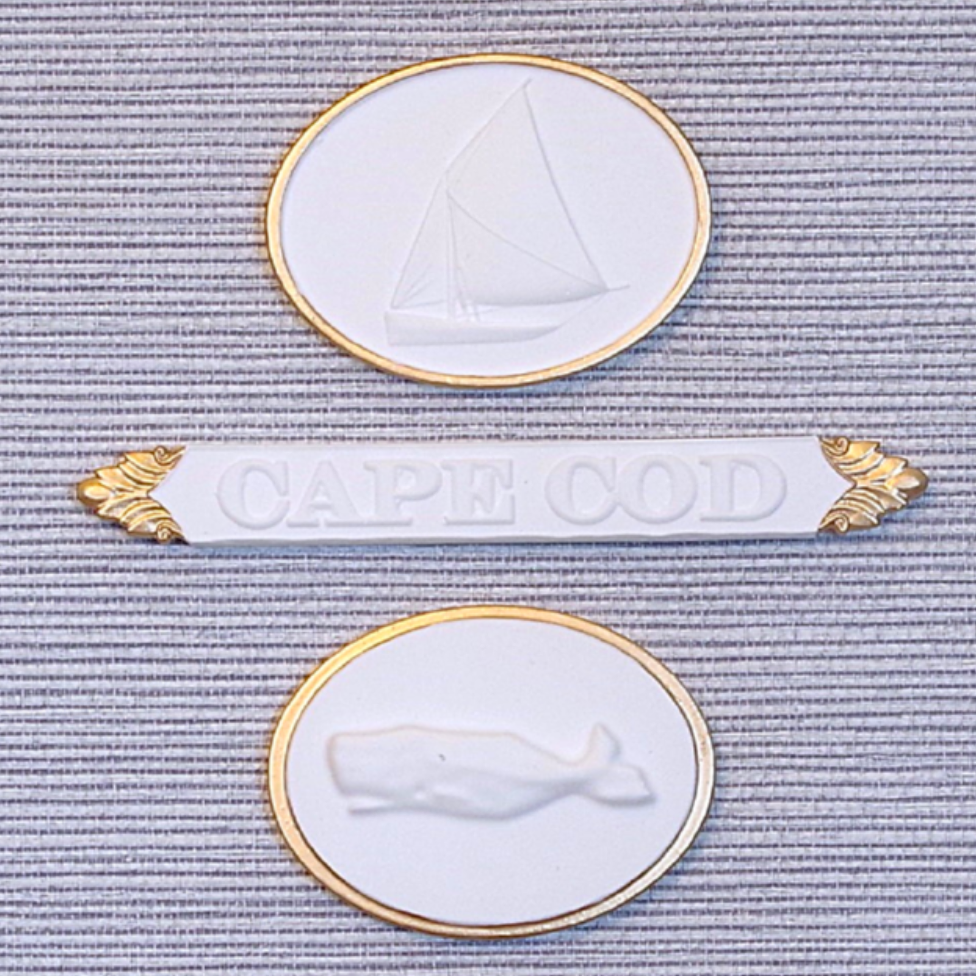 Sailboat · Cape Cod Quarter Board · Whale · Vintage Gold Frame · Blue Wallpaper