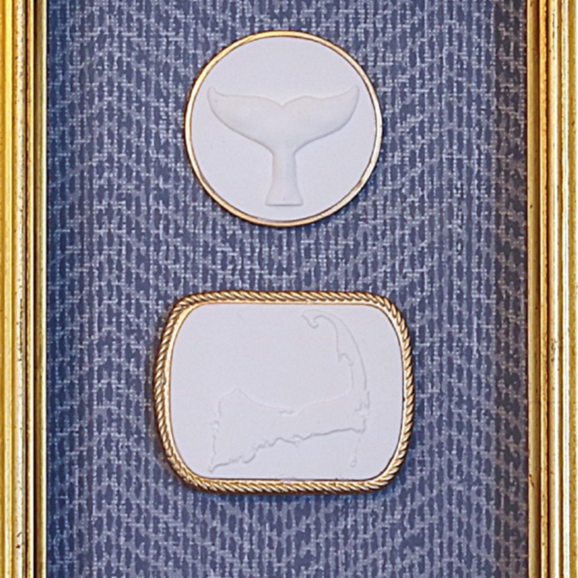 Whale Tail · Cape Cod Map · Vintage Gold Frame · Blue Wallpaper