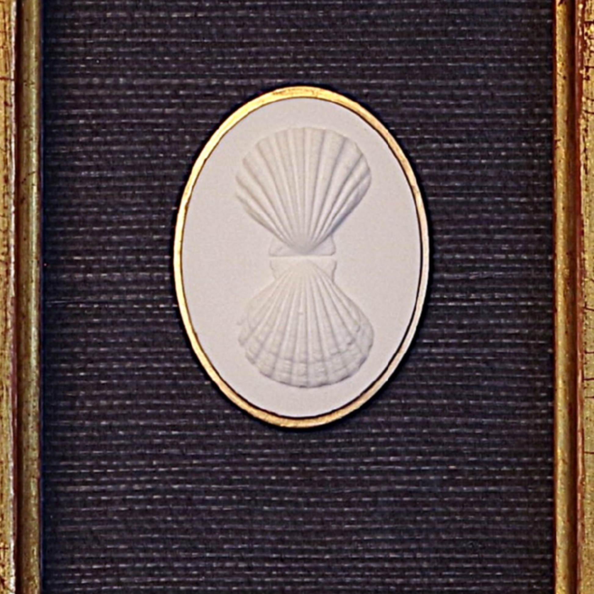 Double Scallop · Vintage Walnut Frame · Navy Wallpaper