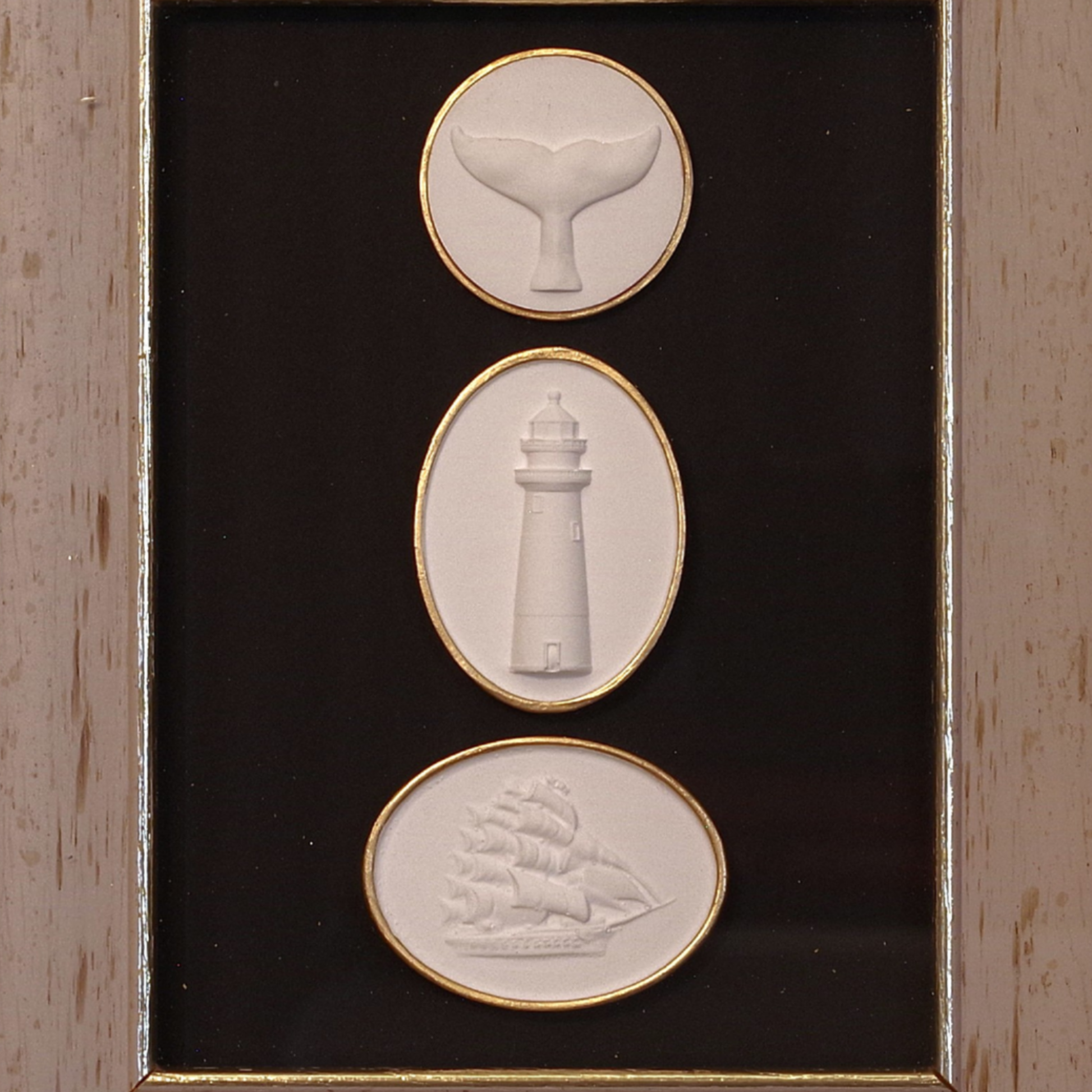 Whale Tail · Sankaty Lighthouse · Tall Ship · Vintage Gold Frame · Black Matboard
