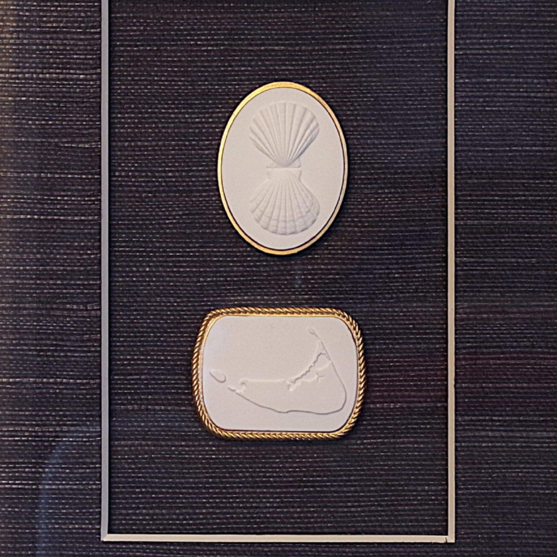 Double Scallop · Nantucket Map · Vintage Gold Frame · Navy Wallpaper