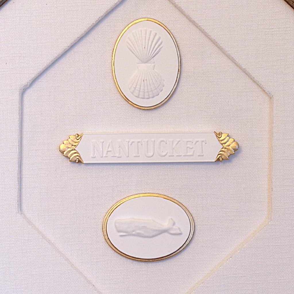 Scallop · Nantucket Quarter Board · Whale · Hexagonal Silver Frame · Linen