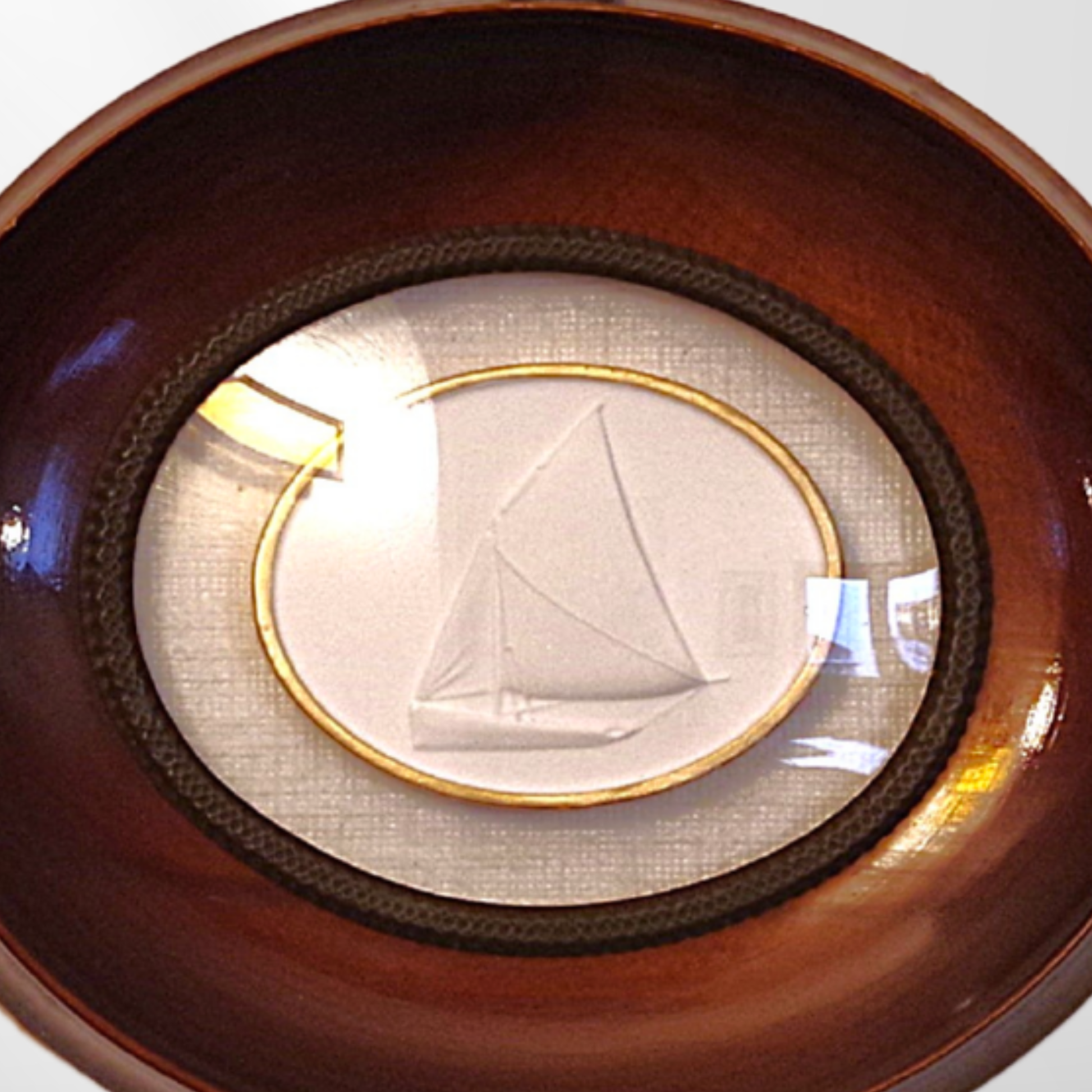 Sailboat · Vintage Red Oval Frame · Curved Glass · Linen